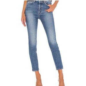 Re/Done High-Rise Ankle Crop Jeans in Dusty Blue. Size 28